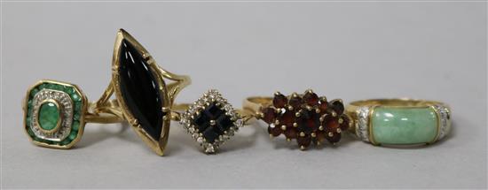 Five assorted 9ct gold and gem set dress rings.